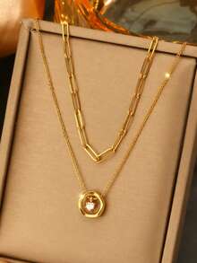 VceTd 2PCS Romantic Style Heart Pendant With Paperclip Chain Layered Necklace Set, Stainless Steel For Women, Suitable For Daily Wear, Dating Or Valentine's Day Gift - Yellow Gold - View 5