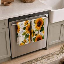 2pcs Sunflower Pattern Kitchen Towels, Country Rustic Style Dishcloths, Suitable For Home Kitchen Decor/Daily Home Cleaning/Farmhouse Style Restaurant Arrangement/Thanksgiving Celebration - Multicolor - View 4