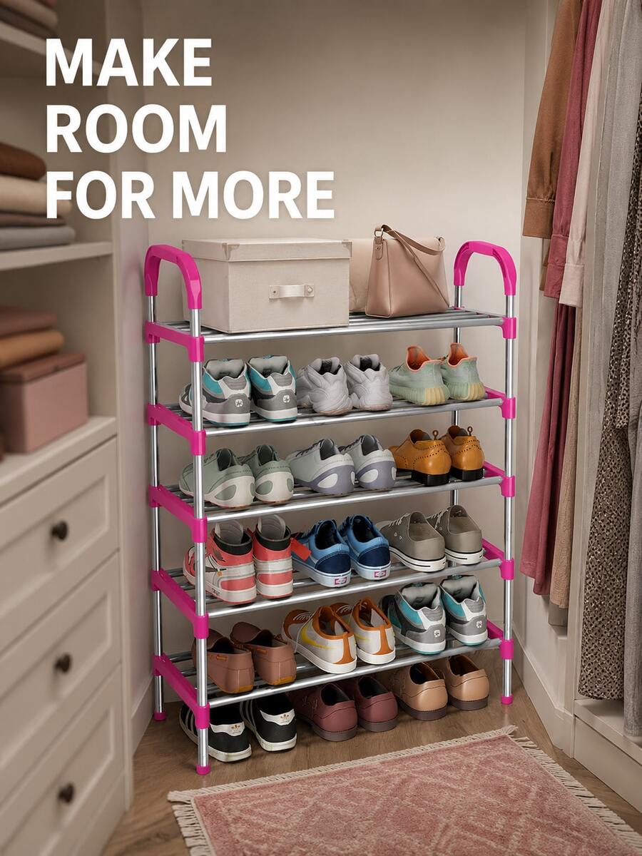 1pc Multi-Layer Steel Tube Shoe Rack, 3-4-5 Layers Adjustable Reinforced Sturdy Shoe Storage Organizer, With Handle, Space-Saving Portable, Suitable For Entryway, Bedroom, Dorm, Small Apartment, Mudroom, Closet, Garage, Home, Easy To Assemble