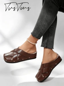 Autumn/Winter Thermal Lined Cross-Woven Mule Women's Shoes, Contrast Color Rivet Square Toe Closed-Toe Slippers, Thick Sole Warm Thermal Slippers For Outdoor Wear - Brown - View 3