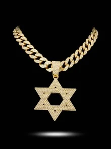 European And American Hip Hop Heavy Work Full Rhinestone Hexagram Pendant Cuban Chain Necklace Unisex Exaggerated Rhinestone Thick Chain American Rap Street Style Fashion Gold And Silver Dual Color Versatile Collarbone Chain - Hexagram Pendant Necklace - View 2