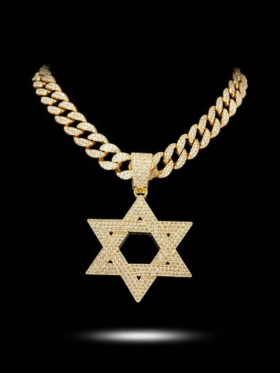 European And American Hip Hop Heavy Work Full Rhinestone Hexagram Pendant Cuban Chain Necklace Unisex Exaggerated Rhinestone Thick Chain American Rap Street Style Fashion Gold And Silver Dual Color Versatile Collarbone Chain