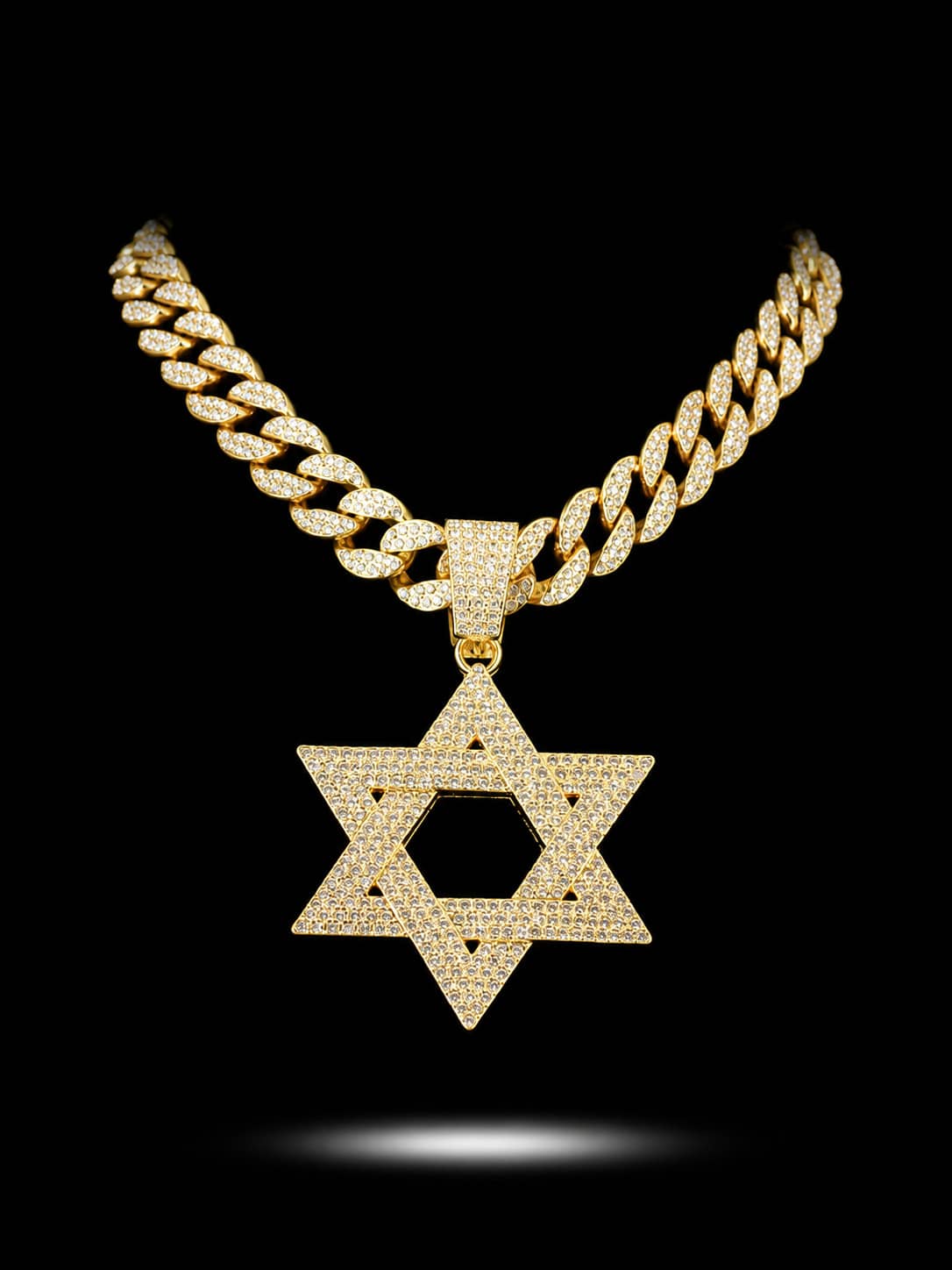 European And American Hip Hop Heavy Work Full Rhinestone Hexagram Pendant Cuban Chain Necklace Unisex Exaggerated Rhinestone Thick Chain American Rap Street Style Fashion Gold And Silver Dual Color Versatile Collarbone Chain