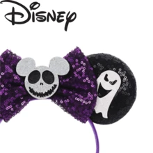 Disney Halloween Nightmare Before Christmas Minnie Ear Hair Hoop, Black Full‑Sequin Ears With White Ghost Felt Applique, Purple Glitter Sequin Bow Headband With Silver Glitter Skull Mickey Ornament, Spooky Halloween Cosplay Costume Accessory - Style 1 - View 5