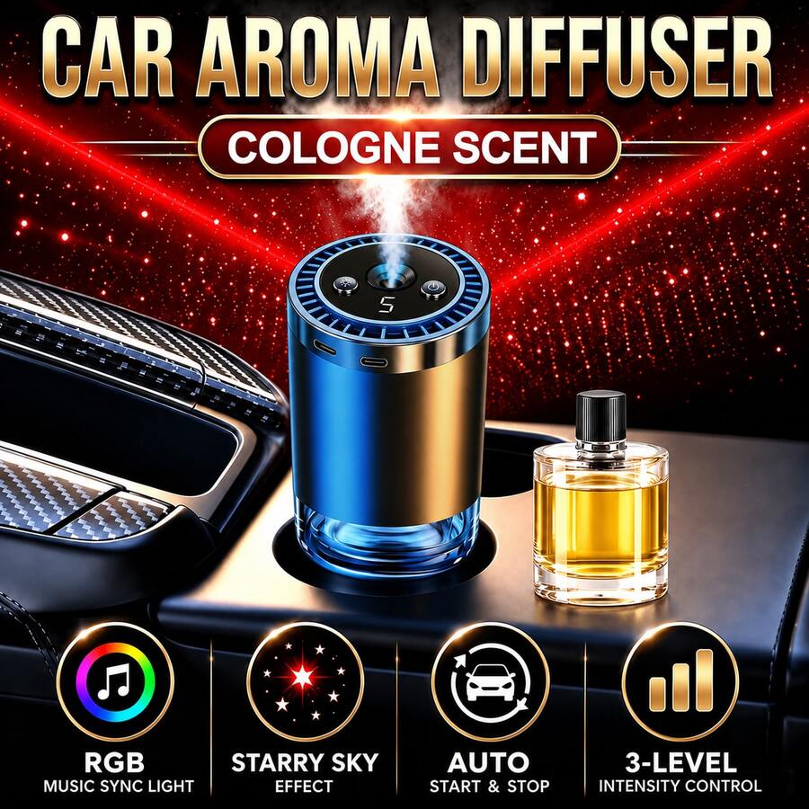 Smart car air freshener diffuser with dynamic light show and starry sky top mode, natural French fragrance oils/perfume, adjustable fragrance concentration, long-lasting freshness, cologne scent, the ideal gift for car enthusiasts - 1 Aromadiffusor + 1 Flasche Kölnischwasser - Übersicht 1