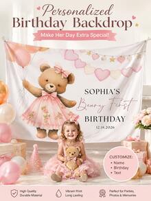 客製化 Beary 1 歲生日橫幅，粉色 1 歲生日派對裝飾背景布，女嬰客製化泰迪熊 1 歲生日，粉色小熊 Baby Shower - 彩色 - 查看 1