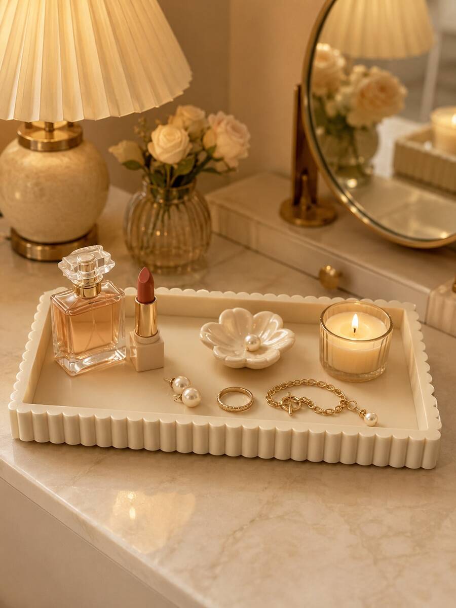 1 Pc Elegant Scalloped Rectangular Vanity Tray, Decorative Organizer ...