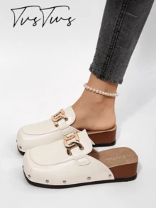 European Style Rivet Square Toe Wedge Heel Mule Shoes, Solid Color Thick Sole Closed Toe Half-Slip Women's Outdoor Shoes - Off White - View 1