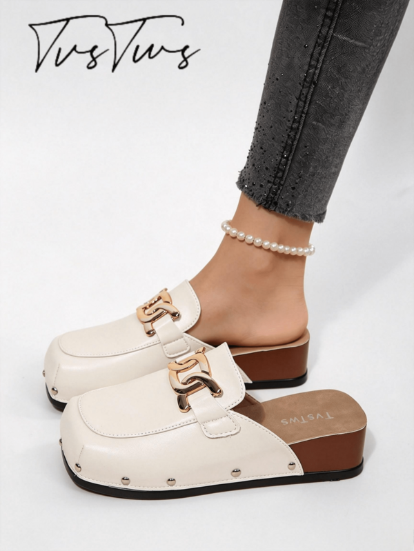 European Style Rivet Square Toe Wedge Heel Mule Shoes, Solid Color Thick Sole Closed Toe Half-Slip Women's Outdoor Shoes