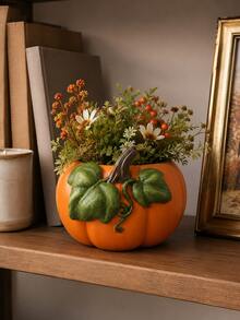 1pc Orange Pumpkin Planter, Fall Harvest Flower Pot With Green Leaf And Vine Details, Autumn Tabletop Centerpiece For Flowers Plants, Thanksgiving Dining Table Mantel Shelf Home Decor - New - View 7