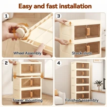 5-Layer Foldable Storage Cabinet, Plastic Sundries Organizer With Doors & Wheels, Stackable Large Capacity Home Organization For Bedroom, Living Room, Kitchen, Easy Assembly & Space-Saving Design - Beige - View 9