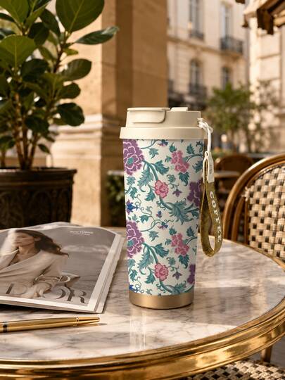 1 stuk 530ml/18oz vintage paars-roze bloemenrankenprint geïsoleerde koffiemok met deksel en draagbare polsband, roestvrijstalen dubbelwandige vacuüm geïsoleerde reisbeker, geschikt voor koffie, thee en warme/koude dranken, ideaal voor kantoor, thuis, auto, woon-werkverkeer, reizen en dagelijks gebruik, vintage botanische bloemenstijl, perfect cadeau voor vrouwen, meisjes en tieners voor verjaardag, vakantie en alledaagse gelegenheden