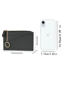 Women's Vintage Black Card Holder, Lychee PU Leather Wallet With Gold Keyring, Front Slots & Zipper Coin Pocket. Slim, Compact & Chic. Perfect Gift. - Black - View 2