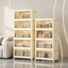 5-Layer Foldable Storage Cabinet, Plastic Sundries Organizer With Doors & Wheels, Stackable Large Capacity Home Organization For Bedroom, Living Room, Kitchen, Easy Assembly & Space-Saving Design - Beige - View 10