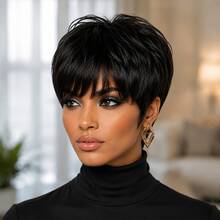 Wig Pendek Rambut Manusia Model Pixie Tanpa Lace Front 1B, 4#, 99J Rambut Manusia Brasil Kepadatan 150% Wig Pixie Rambut Manusia Wig Pendek Berlapis dengan Poni untuk Penggunaan Sehari-hari - MultiWarna - View 2