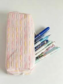 Sweet Striped Pencil Case, Colorful Bubble Gauze Woven Fabric Stationery Storage Bag, Large Capacity Zipper Pencil Pouch, Soft Texture Decorative Accessory, Suitable For Pens And Pencils, Students Back To School Study Desk Home Office Holiday Use - Multicolor - View 6