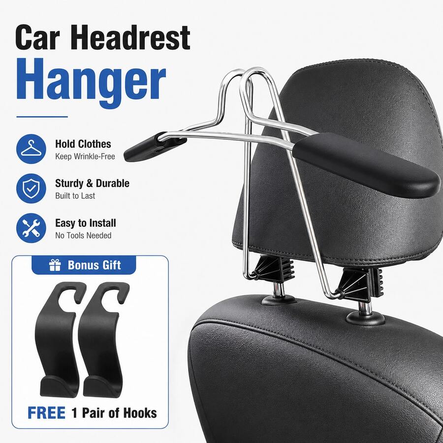 Car Retractable Clothes Hanger, Car Seat Hanging Rack, Includes 1 Pair Of Car Hooks - Black - View 1