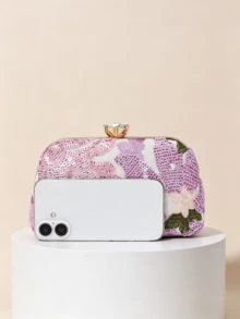 1件紫色花卉亮片刺繡晚宴手拿包，鑲嵌寶石水鑽金色鎖扣，奢華婚禮宴會禮服配件，可拆卸鍊條斜跨小包（隨機剪裁） - 紫色 - 查看 4