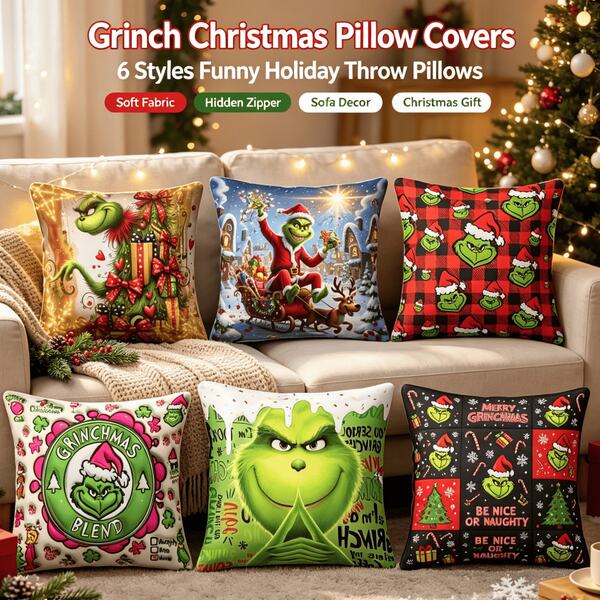 The Grinch 2 PIEZAS Fundas de almohada navideñas de 18 pulgadas, fundas de cojín con estampado de monstruo verde, material de tela suave, fácil de quitar y lavar, no incluye relleno de almohada, adecuado para múltiples escenas: sofá, dormitorio, ventana, decoración navideña del hogar, mobiliario suave para fiestas, regalo festivo, mejora la atmósfera navideña del hogar, fundas de almohada para decoración navideña del hogar