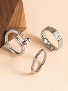 3pcs/Set 925 Silver Stainless Steel Women's Ring Set, Luxury Exquisite Floral Ring, Cross Ring, Full Zirconia Ring Set, Stackable Rings, 18K Stainless Steel Unisex Rings, Summer Rings, Size 6-10, Wedding Rings, Wedding Season Gift, Couple Jewelry, Waterproof, Non-Fading, Long-Lasting Color - Silver - View 2