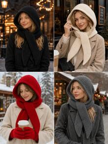 1pc Solid Color One-Piece Knitted Hooded Scarf, Fashionable Versatile Women's Knitted Hat, Warm And Cold-Proof, Suitable For Autumn/Winter, Large Head Circumference, Scarf Hat Set, Warm Ear Protection - A - View 11