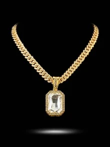 Rectangular Large Gemstone Pendant Full Diamond Cuban Necklace, Octagonal Main Stone Rhinestone Pendant, Hip Hop Ice Diamond Accessory, Unisex Rap Street Party Jewelry - Gemstone Pendant Necklace - View 13