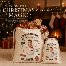 Custom Photo Christmas Drawstring Bag, Personalized Name Gift Bag, Holiday Snowman Style, Customizable Holiday Storage Bag, Customizable Christmas Gift - Apricot - View 4