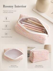 Sweet Striped Pencil Case, Colorful Bubble Gauze Woven Fabric Stationery Storage Bag, Large Capacity Zipper Pencil Pouch, Soft Texture Decorative Accessory, Suitable For Pens And Pencils, Students Back To School Study Desk Home Office Holiday Use - Multicolor - View 2