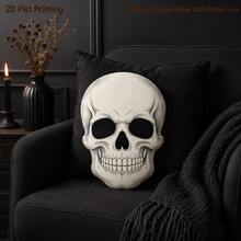 Gothic Skull Skeleton Grinning 2D Flat Print Filled Throw Pillow, Suitable For Sofa, Bedroom, Living Room Cozy Home Decor, Office And Car Use, Pillow Gift - Multicolor - View 3