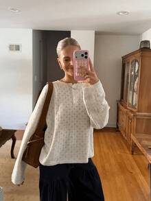 Plus Size Henley Neck Hollow Out Knit Sweater, Long Sleeve Button Detail Pullover Jumper For Fall Winter Daily Street Vacation Wear White - White - View 2