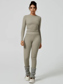 NcmRyu 一套女士弹力紧身舞蹈服健身瑜伽服，适合户外运动和春季穿着 - 灰色 - 查看 6