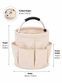 1pc Rustic Solid Color Gardening Tool Storage Bag, Round Bucket Shape With 6 Side Pockets And Thickened Metal Handle, Foldable Oxford Cloth Organizer, Large Capacity Home & Garden Storage Bag - A - View 21
