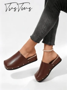 European Style Rivet Square Toe Wedge Mule Shoes, Solid Color Thick Sole Closed Toe Half-Slip Women's Outdoor Shoes - Brown - View 3