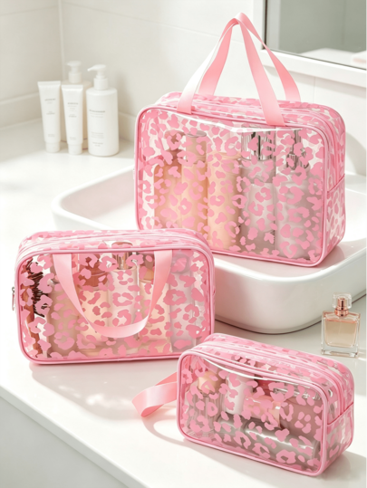 1pc/Set Y2K Style Multifunctional PVC Toiletry Bag, Cute Pink Leopard Print Transparent Makeup Bag, Transparent Cosmetic Storage Bag, Travel Toiletry Organizer With Handle, Large Capacity Portable Vacation Organizer Bag, Handheld Beach Bag, Makeup Storage Box Or Lipstick Storage Bag, Suitable For Brushes, Skincare, Small Items And Home Multipurpose Essentials, Bohemian Style, Suitable For Holiday Beach, Bathroom Series, Bedroom Series