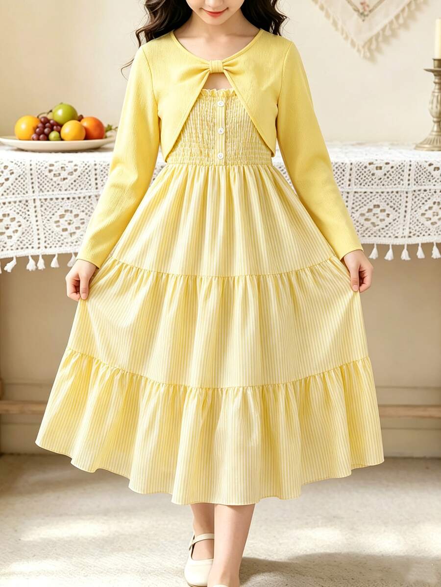 Left Mama Vestido de tirantes con estampado floral diminuto de manga larga para niñas preadolescentes, primavera/otoño - Amarillo - Ver 1