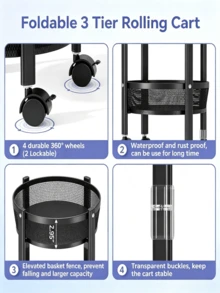 1pc 3-Tier Foldable Mobile Storage Rack - Large Capacity Storage Cart, Rotatable Folding Storage Design, Hollow Mesh Basket, Space-Saving, Stable Structure, Floor-Standing Storage Rack, Suitable For Kitchen, Living Room And Bathroom - Multiple Specifications - View 8