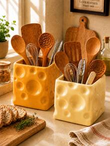 Yellow Cheese Shaped Kitchen Utensil Holder, Large Countertop Utensil Crock - Multicolor - View 1