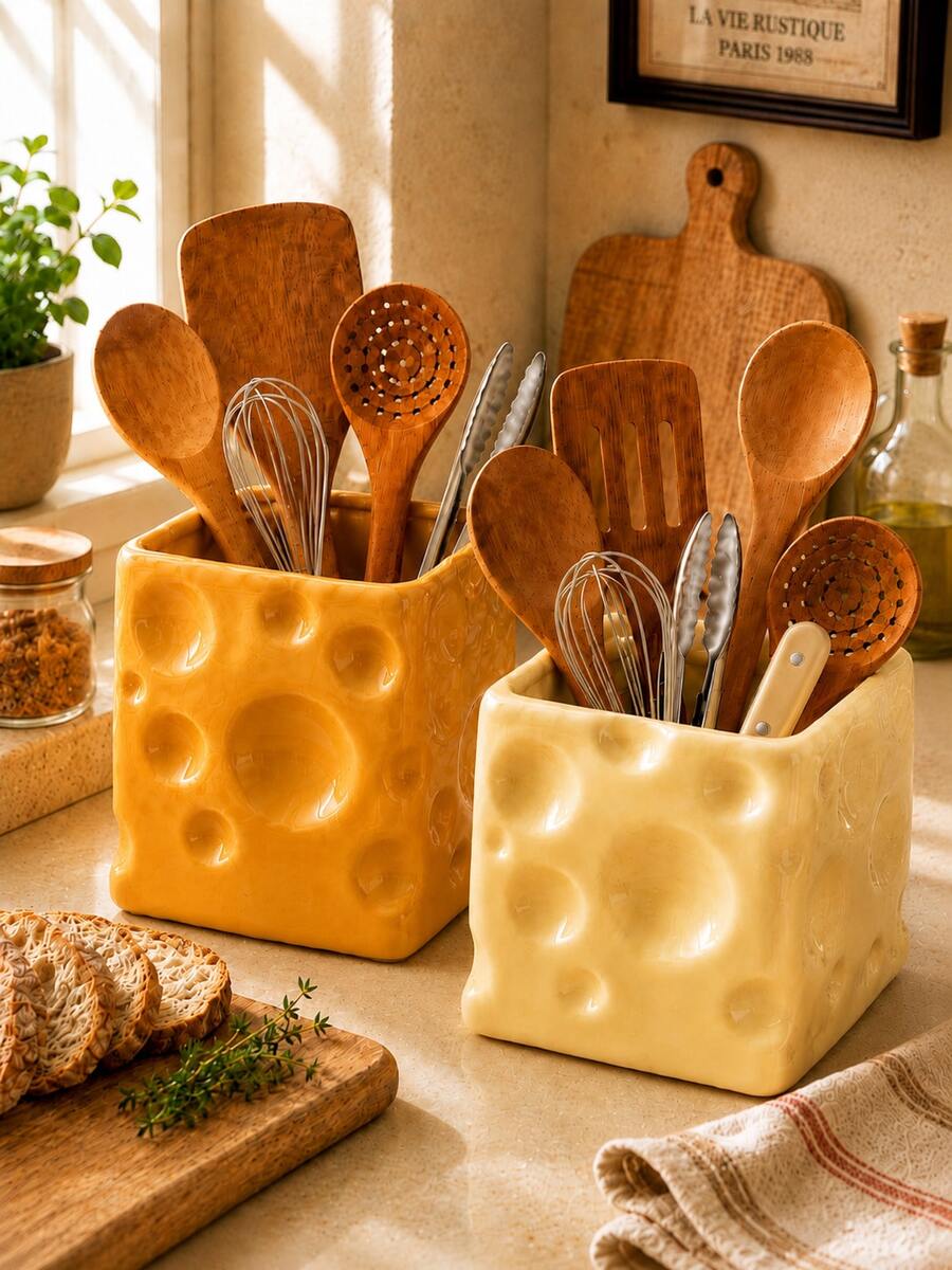 Yellow Cheese Shaped Kitchen Utensil Holder, Large Countertop Utensil Crock - Multicolor - View 1