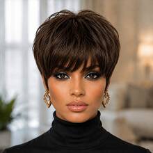 Wig Pendek Rambut Manusia Model Pixie Tanpa Lace Front 1B, 4#, 99J Rambut Manusia Brasil Kepadatan 150% Wig Pixie Rambut Manusia Wig Pendek Berlapis dengan Poni untuk Penggunaan Sehari-hari - MultiWarna - View 10
