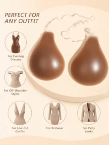 1pc Self-Adhesive Bra Cups, Transparent Halter Strap, A/B/C/D Multi-Size Options, Deep Skin Tone Invisible Breast Pads, Skin-Friendly Reusable Adhesive, Suitable For Cold Shoulder Dresses, Party Wear Secure Fit, Includes 30pcs Disposable Round Pattern Nipple Covers, Women's Intimate Lingerie - Multicolor - View 4