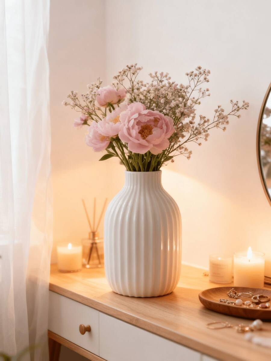 1pc Modern Vertical Textured Vase Minimalist Tabletop Flower Vase Decor - Multicolor - View 1