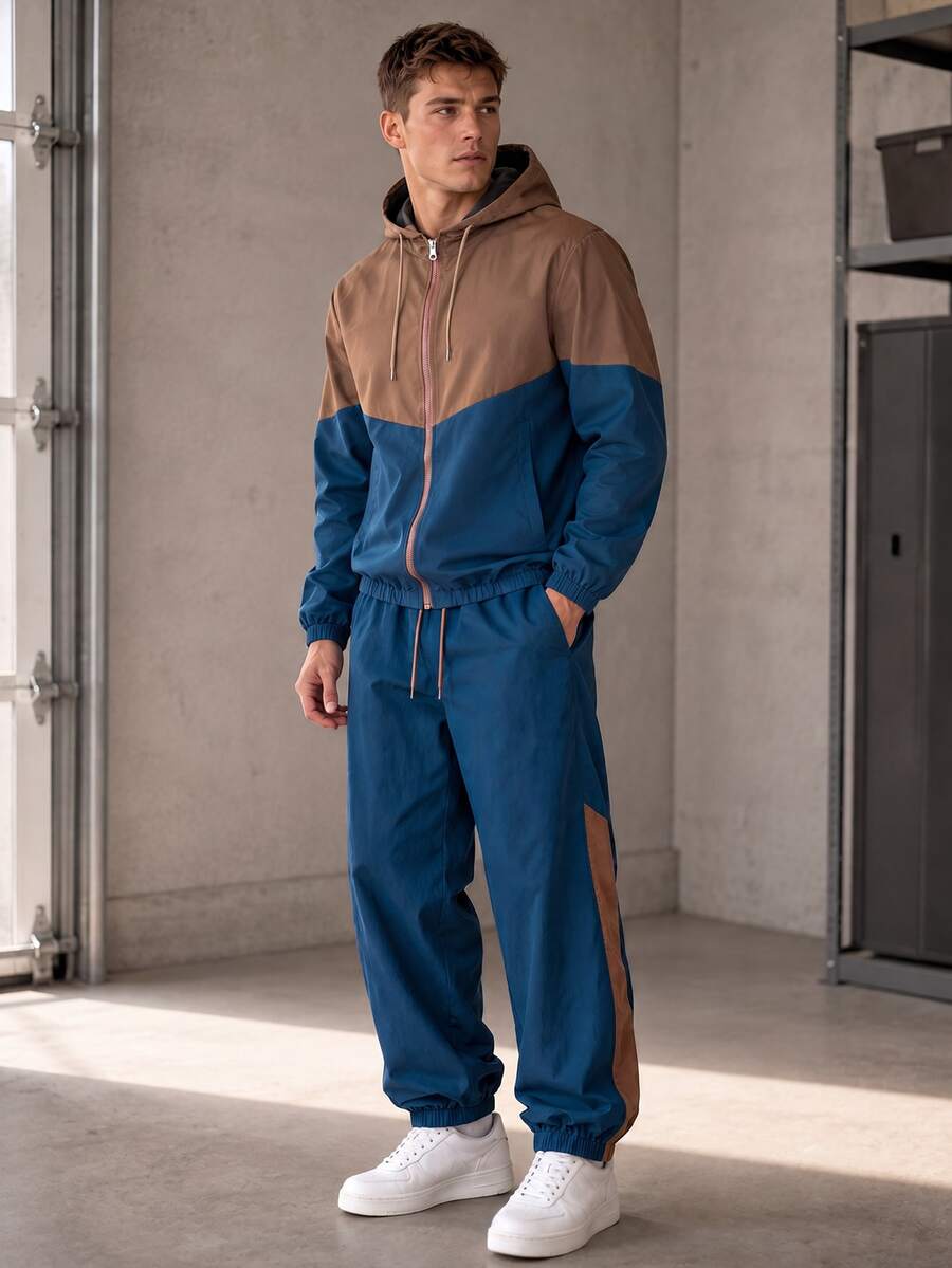 1 Set Men's Autumn Colorblock Woven Hooded Outfit, Zipper Jacket & Joggers, Casual College Style Vacation Streetwear Set