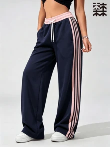 mulinsen Women's Sports Pants, Pink Side Contrast Stripes, Elastic Drawstring Waist, Suitable For Running, Gym, Streetwear - Navy Blue - View 7