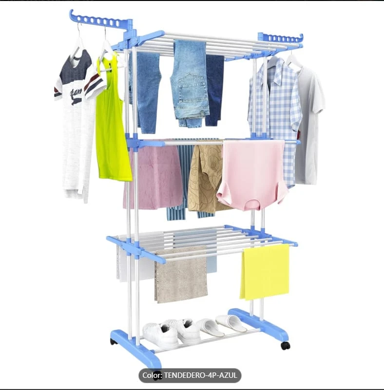 Tendedero de ropa, 4 Niveles Tendederos Plegables Vertical con Ruedas Amplio Espacio de Secado Tendederos, Acero Inoxidable Tendal para Exterior y Interiores - blu - Visualizzare 1