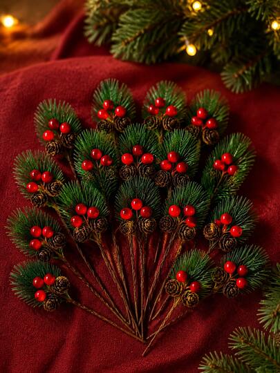 10/20pcs 9cm/3.54in Realistic Plastic Pine Cone Picks, Rustic Green Pine Needle Sprigs With Red Berries And Twin Brown Cones, Bendable Stem Floral Ornaments For DIY Wreaths, Christmas Trees, Gift Wrapping, Winter Wedding And Holiday Home Decor