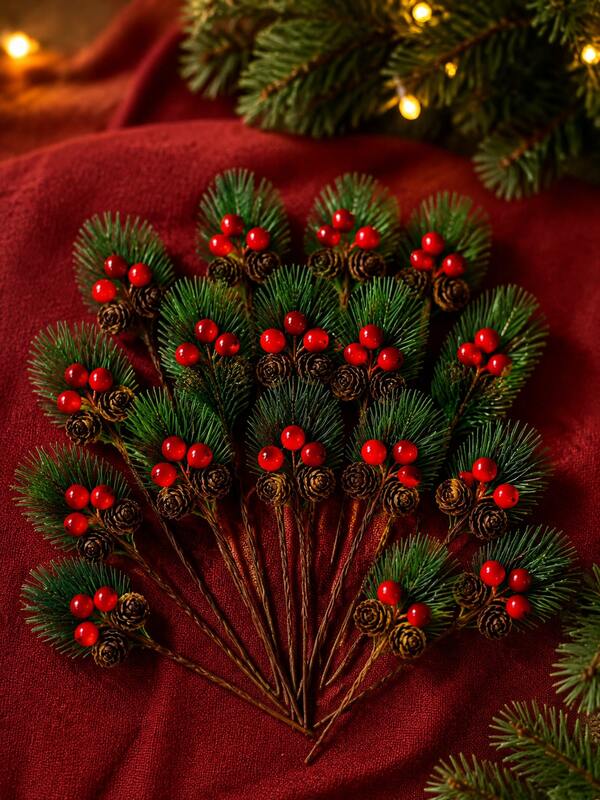 10/20pcs 9cm/3.54in Realistic Plastic Pine Cone Picks, Rustic Green Pine Needle Sprigs With Red Berries And Twin Brown Cones, Bendable Stem Floral Ornaments For DIY Wreaths, Christmas Trees, Gift Wrapping, Winter Wedding And Holiday Home Decor