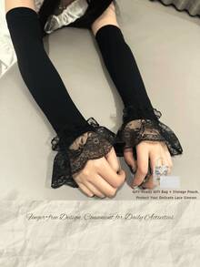 1 par de calentadores de brazos de punto sin dedos de longitud media para mujer, con ribete de encaje y puño falso, estilo elegante y dulce para uso diario, citas, fiestas, cosplay, Halloween y Navidad - Multicolor - Ver 5