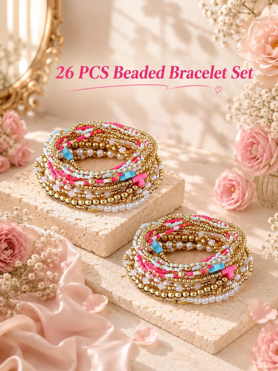 26pcs Bohemian Style Handmade Beaded Stretch Bracelet Set, Multi-Layer Stackable Bracelets, Suitable For Women's Daily, Vacation, Party Wear (Bead Color Arrangement Random) - Multicolor - View 1