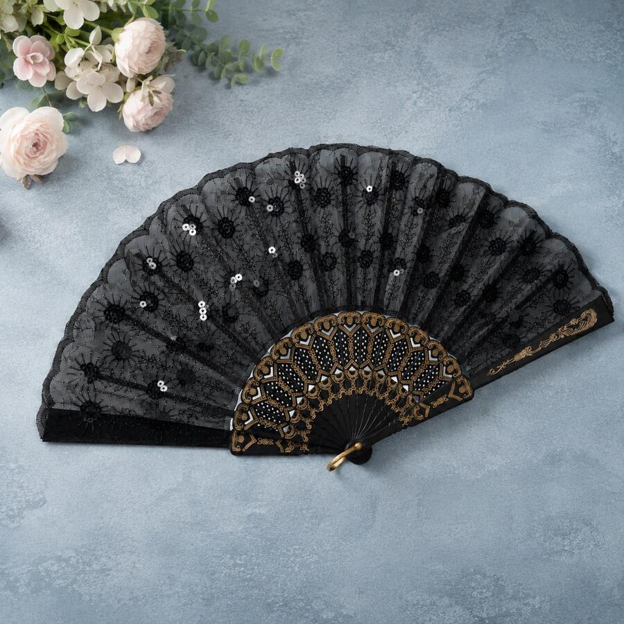 1pc 22CM Women's Sequin Embroidered Fan, Plastic Gold Foil Frame, Suitable For Party, Shopping, Travel, Sun Protection - Black - View 1