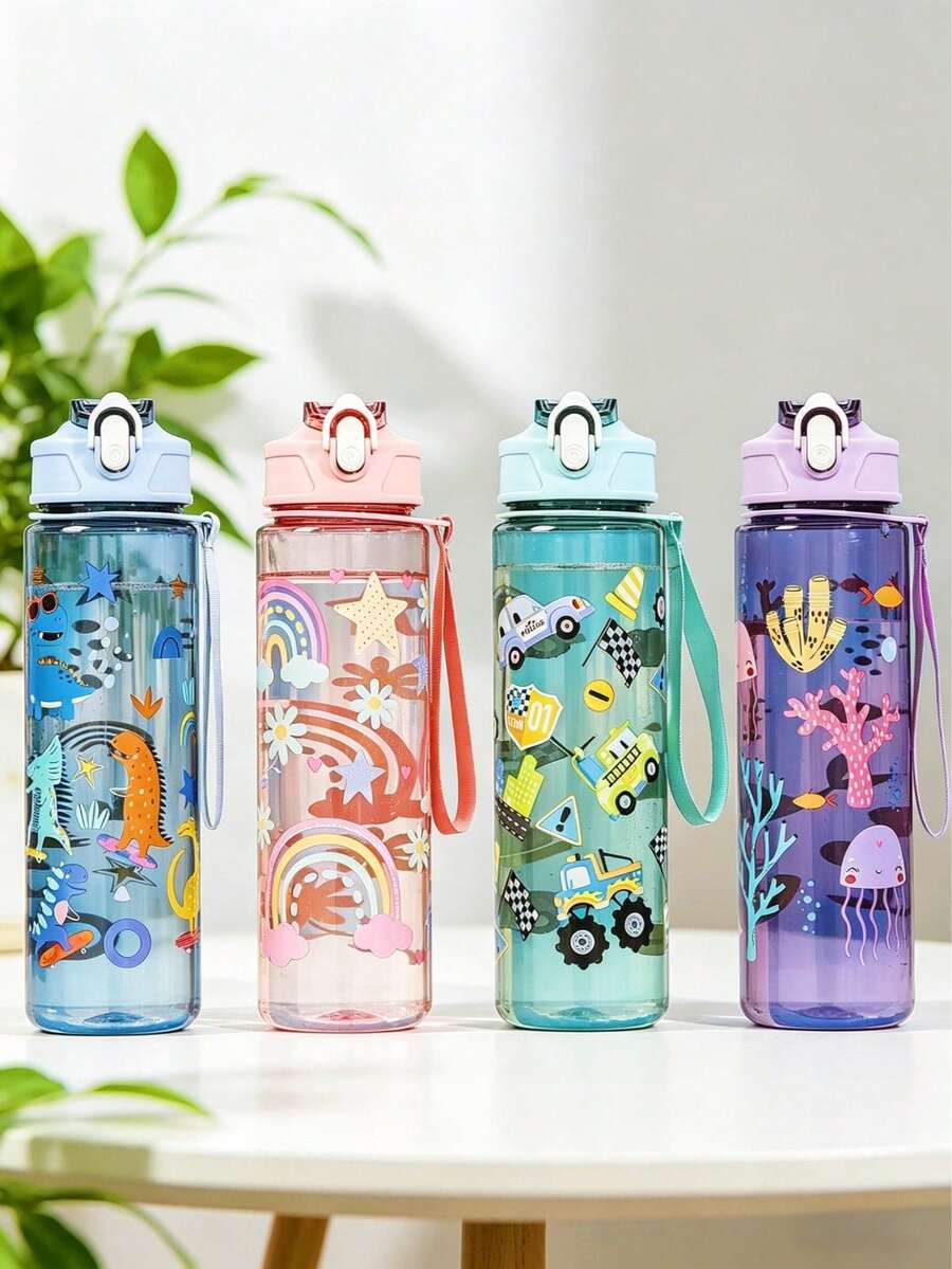 1pc Cute Cartoon Water Bottle, 800ml/27oz Sports Water Bottle, Leak-Proof, With Pop-Up Lid, Handle, Suitable For Fitness, Running, Gift For Her, Birthday Gift, Portable And Fashionable Mother's Day Gift, Do Not Use Hot Water Above 60°C - Multicolor - View 1